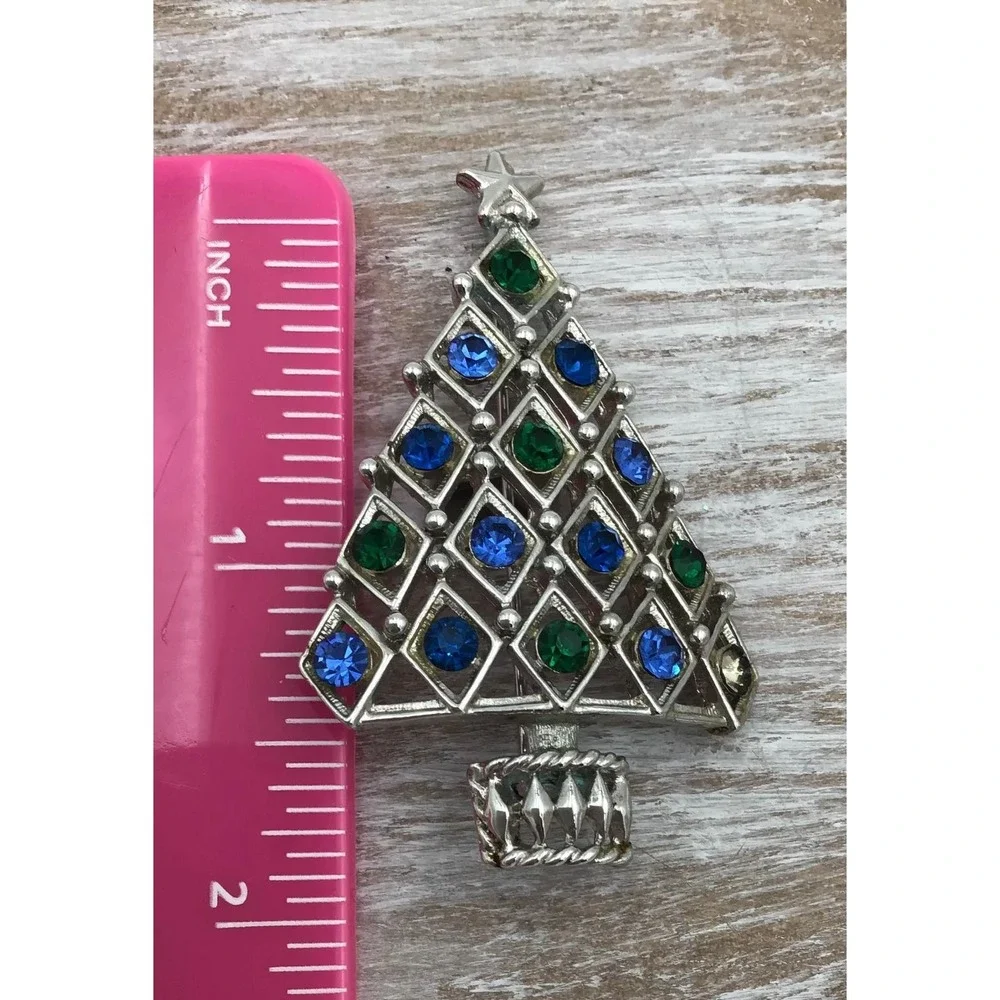 VTG Eisenberg Ice Christmas Brooch Rhinestone Silver Tree & Gold Glitter Snowman
